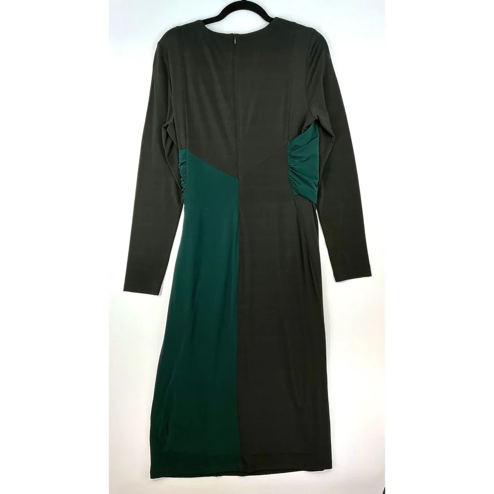 Hugo Boss Eretha Black Green Colorblock Dress Sz XL Ruched Long Sleeve Cocktail - Picture 13 of 14